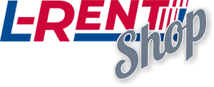 Logo des "L-RENT Shop" mit roten und blauen Buchstaben, transparentem Hintergrund.