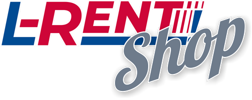 Logo der Marke "L-RENT SHOP" mit einer stilisierten, dreidimensional wirkenden Schrift in den Farben Rot, Blau, Schwarz und Weiß. Der Schriftzug ist groß und dynamisch gestaltet.